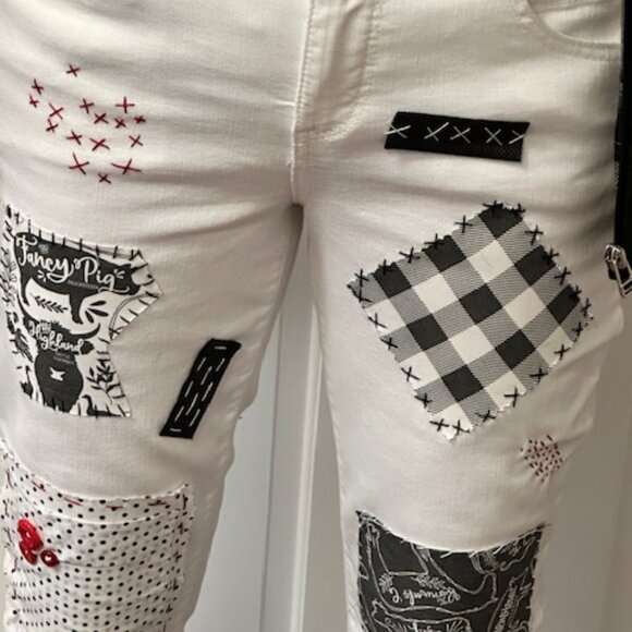 Democracy White Jeans Sz 6 Upcycled OOAK Mixed Media Boho Style Patchwork Pants - Picture 5 of 9